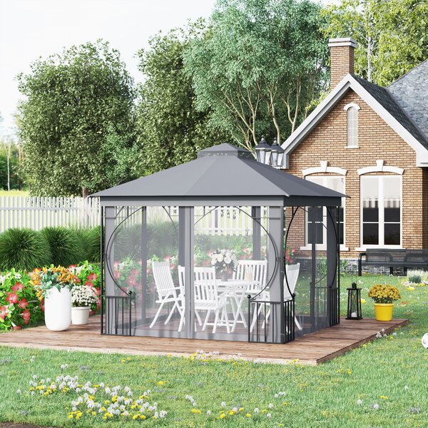 Outsunny 3 x 3 M Garden Gazebo Patio Party Tent Shelter Outdoor Canopy Double Tier Sun Shade Metal Frame Light Grey Aosom UK