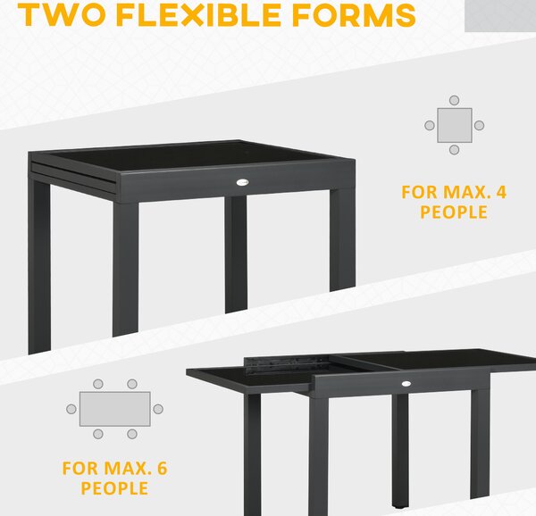 Outsunny Space-Saving Extending Garden Dining Table, Garden Table with Aluminium Frame & Tempered Glass Top, 80/160 x 80 x 75 cm, Black Aosom UK