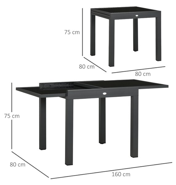 Outsunny Space-Saving Extending Garden Dining Table, Garden Table with Aluminium Frame & Tempered Glass Top, 80/160 x 80 x 75 cm, Black Aosom UK