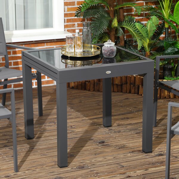 Outsunny Space-Saving Extending Garden Dining Table, Garden Table with Aluminium Frame & Tempered Glass Top, 80/160 x 80 x 75 cm, Black Aosom UK