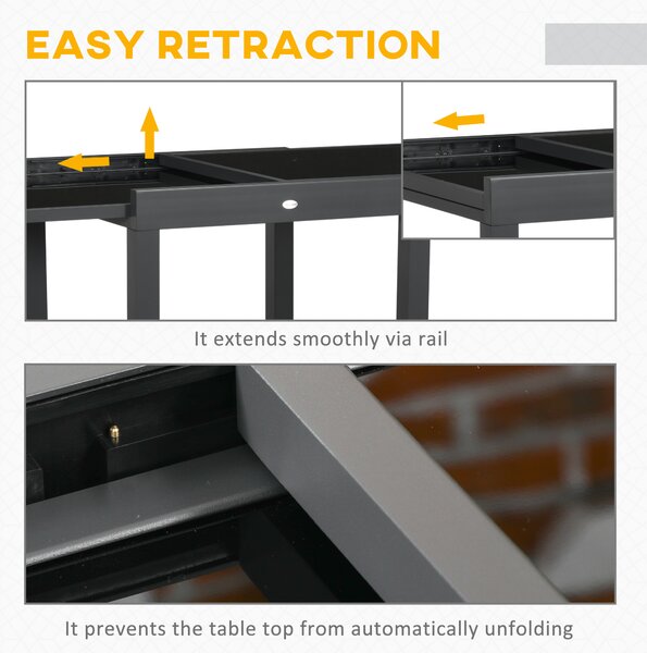Outsunny Space-Saving Extending Garden Dining Table, Garden Table with Aluminium Frame & Tempered Glass Top, 80/160 x 80 x 75 cm, Black Aosom UK