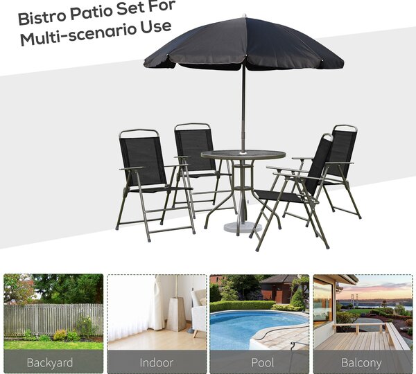 Outsunny 6 PCs Garden Patio Furniture Set Bistro Set Texteline Folding Chairs +Table +Parasol (Black)