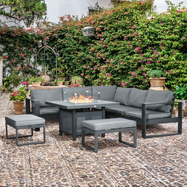 Outsunny 6-Piece Aluminium Garden Furniture Set, Outdoor Corner Sofa, Loveseat, Footstool, Sectional with Gas Fire Pit Table, Grey Aosom UK