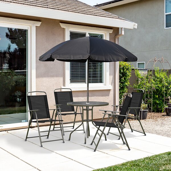 Outsunny 6 PCs Garden Patio Furniture Set Bistro Set Texteline Folding Chairs +Table +Parasol (Black)