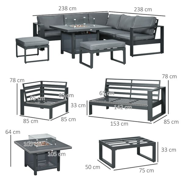 Outsunny 6-Piece Aluminium Garden Furniture Set, Outdoor Corner Sofa, Loveseat, Footstool, Sectional with Gas Fire Pit Table, Grey Aosom UK