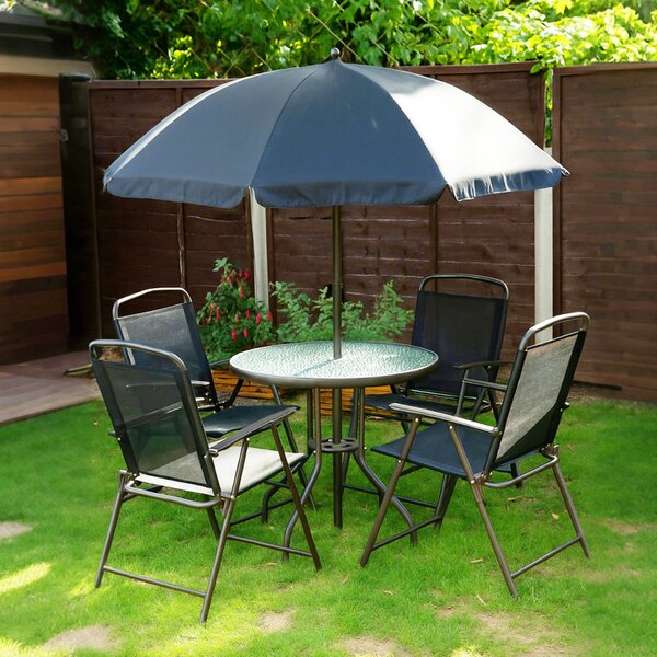 Outsunny 6 PCs Garden Patio Furniture Set Bistro Set Texteline Folding Chairs +Table +Parasol (Black)