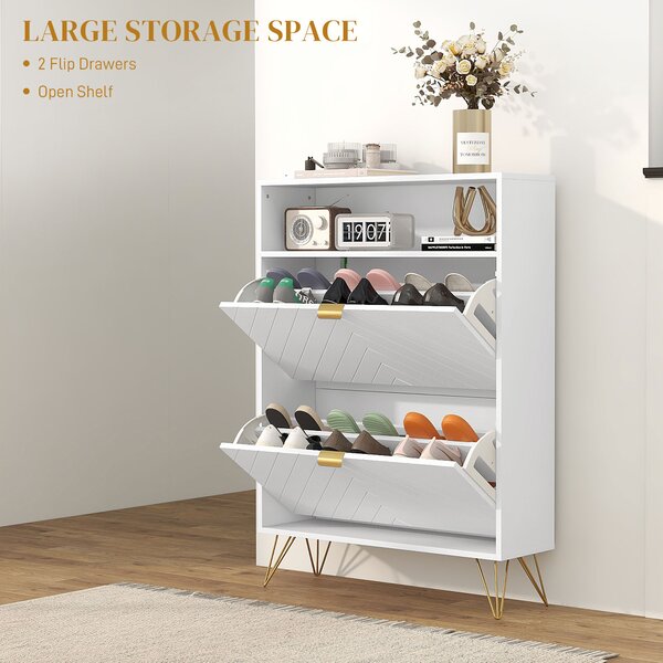 HOMCOM Modern Shoe Storage Cabinet with 2 Flip Drawers for 12 Pairs, Narrow Shoe Organizer for Entryway, Hallway, White Aosom UK