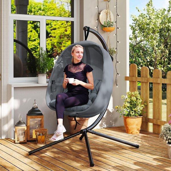 Outsunny Hanging Egg Chair, Folding Swing Hammock with Cushion and Stand for Indoor Outdoor, Patio Garden Furniture, Grey
