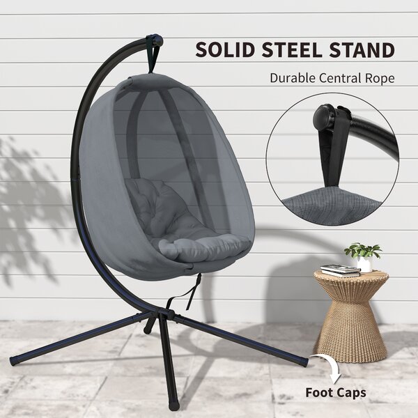 Outsunny Hanging Egg Chair, Folding Swing Hammock with Cushion and Stand for Indoor Outdoor, Patio Garden Furniture, Grey
