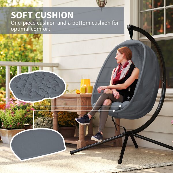 Outsunny Hanging Egg Chair, Folding Swing Hammock with Cushion and Stand for Indoor Outdoor, Patio Garden Furniture, Grey