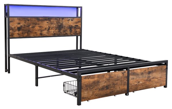 Metal Double Bed with LED Light Strip, 4 Drawers, 3 USB Ports, Metal Bed Frame Double with Storage Space for Home and Bedroom Furniture, 207.5x135x105 cm, Black + Dark Walnut Aosom UK