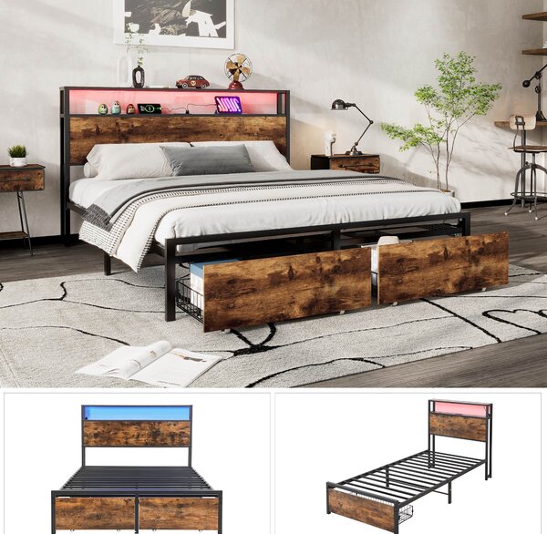 Metal Double Bed with LED Light Strip, 4 Drawers, 3 USB Ports, Metal Bed Frame Double with Storage Space for Home and Bedroom Furniture, 207.5x135x105 cm, Black + Dark Walnut Aosom UK