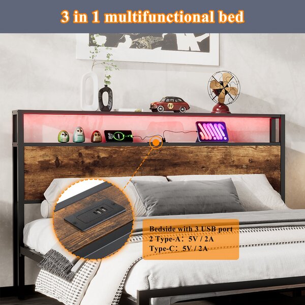 Metal Double Bed with LED Light Strip, 4 Drawers, 3 USB Ports, Metal Bed Frame Double with Storage Space for Home and Bedroom Furniture, 207.5x135x105 cm, Black + Dark Walnut Aosom UK