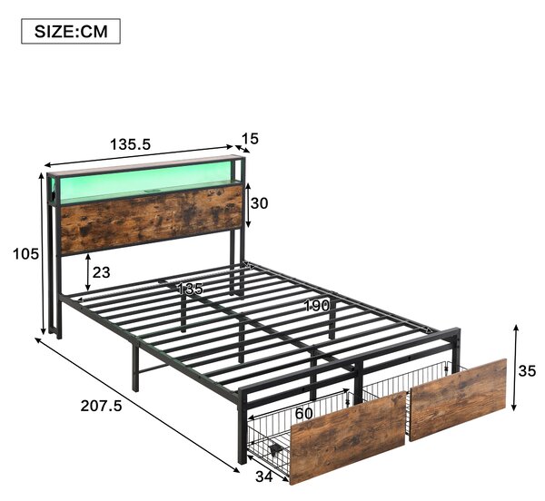 Metal Double Bed with LED Light Strip, 4 Drawers, 3 USB Ports, Metal Bed Frame Double with Storage Space for Home and Bedroom Furniture, 207.5x135x105 cm, Black + Dark Walnut Aosom UK