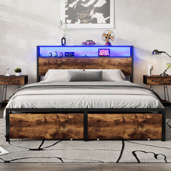 Metal Double Bed with LED Light Strip, 4 Drawers, 3 USB Ports, Metal Bed Frame Double with Storage Space for Home and Bedroom Furniture, 207.5x135x105 cm, Black + Dark Walnut Aosom UK