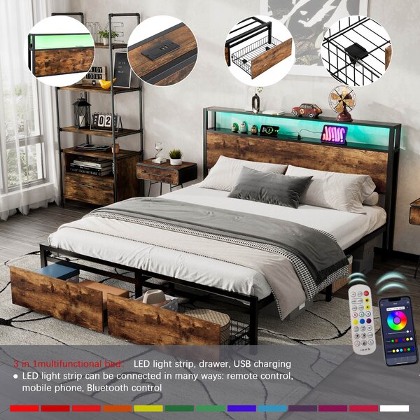 Metal Double Bed with LED Light Strip, 4 Drawers, 3 USB Ports, Metal Bed Frame Double with Storage Space for Home and Bedroom Furniture, 207.5x135x105 cm, Black + Dark Walnut Aosom UK