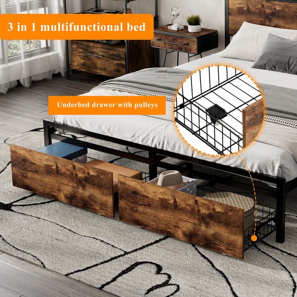 Metal Double Bed with LED Light Strip, 4 Drawers, 3 USB Ports, Metal Bed Frame Double with Storage Space for Home and Bedroom Furniture, 207.5x135x105 cm, Black + Dark Walnut Aosom UK