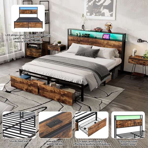 Metal Double Bed with LED Light Strip, 4 Drawers, 3 USB Ports, Metal Bed Frame Double with Storage Space for Home and Bedroom Furniture, 207.5x135x105 cm, Black + Dark Walnut Aosom UK