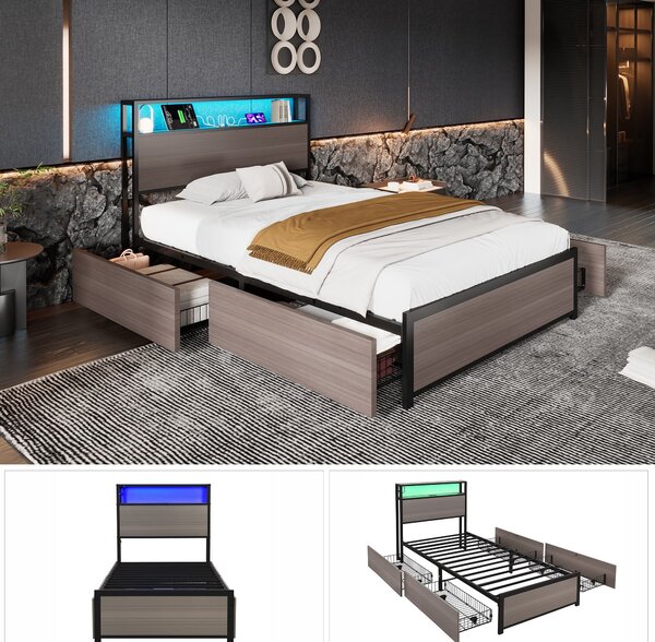 Metal Single Bed with LED Light Strip, 4 Drawers, and 3 USB Ports, Ideal for Home and Bedroom Furniture, 207x90.5x105 cm, Gray Aosom.UK