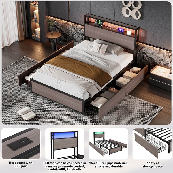 Metal Single Bed with LED Light Strip, 4 Drawers, and 3 USB Ports, Ideal for Home and Bedroom Furniture, 207x90.5x105 cm, Gray Aosom.UK