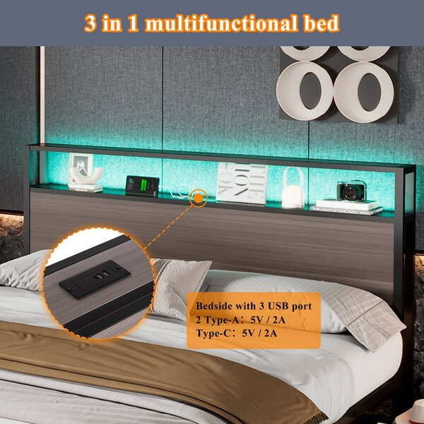 Metal Single Bed with LED Light Strip, 4 Drawers, and 3 USB Ports, Ideal for Home and Bedroom Furniture, 207x90.5x105 cm, Gray Aosom.UK
