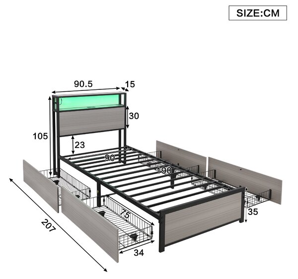 Metal Single Bed with LED Light Strip, 4 Drawers, and 3 USB Ports, Ideal for Home and Bedroom Furniture, 207x90.5x105 cm, Gray Aosom.UK