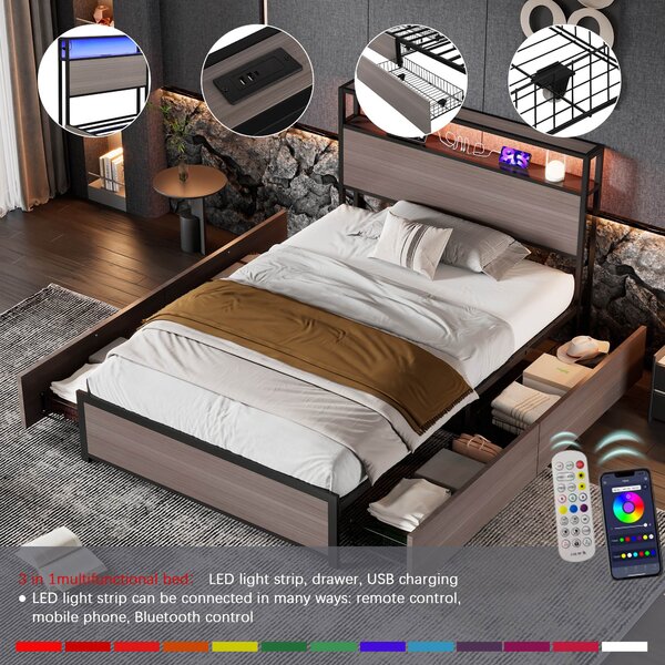 Metal Single Bed with LED Light Strip, 4 Drawers, and 3 USB Ports, Ideal for Home and Bedroom Furniture, 207x90.5x105 cm, Gray Aosom.UK