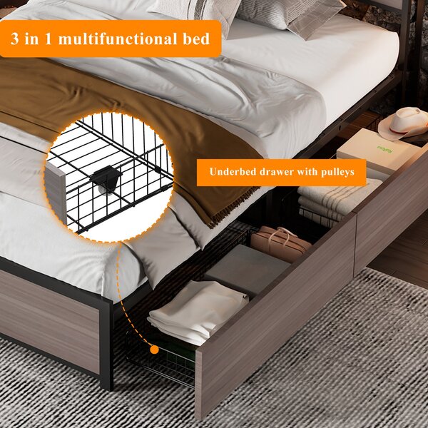 Metal Single Bed with LED Light Strip, 4 Drawers, and 3 USB Ports, Ideal for Home and Bedroom Furniture, 207x90.5x105 cm, Gray Aosom.UK
