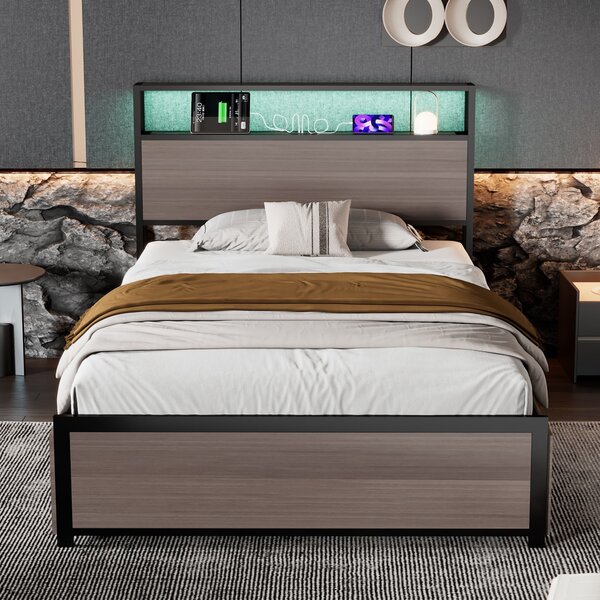 Metal Single Bed with LED Light Strip, 4 Drawers, and 3 USB Ports, Ideal for Home and Bedroom Furniture, 207x90.5x105 cm, Gray Aosom.UK