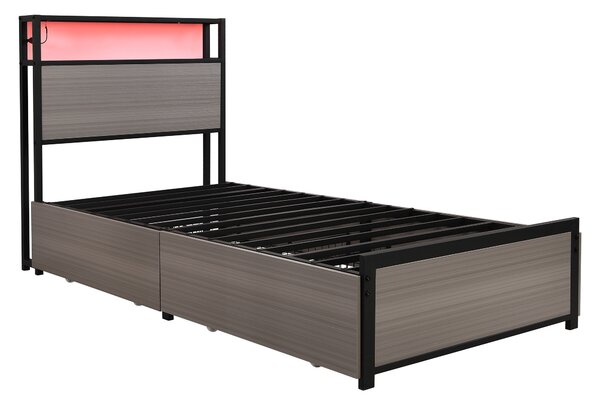 Metal Single Bed with LED Light Strip, 4 Drawers, and 3 USB Ports, Ideal for Home and Bedroom Furniture, 207x90.5x105 cm, Gray Aosom.UK