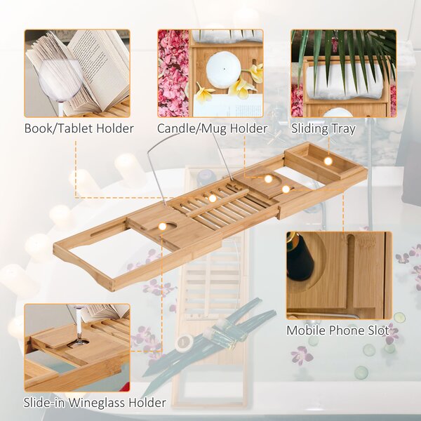 HOMCOM Extendable Bamboo Bathtub Shelf Rack Bath Caddy Tray Bathroom Storage, Set of 2 Aosom UK