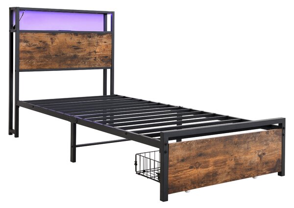 Single Metal Bed with LED Light Strip, Drawer, and USB Ports, Home and Furniture Bedroom Furniture, 207.5x90.5x105 cm, Black + Dark Walnut Aosom.UK