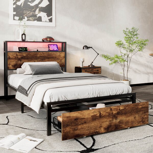 Single Metal Bed with LED Light Strip, Drawer, and USB Ports, Home and Furniture Bedroom Furniture, 207.5x90.5x105 cm, Black + Dark Walnut Aosom.UK