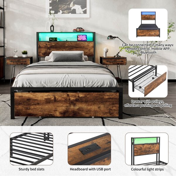 Single Metal Bed with LED Light Strip, Drawer, and USB Ports, Home and Furniture Bedroom Furniture, 207.5x90.5x105 cm, Black + Dark Walnut Aosom.UK