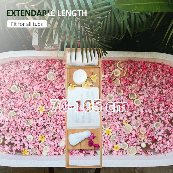 HOMCOM Extendable Bamboo Bathtub Shelf Rack Bath Caddy Tray Bathroom Storage 75-109Lx23.5Wx4T cm