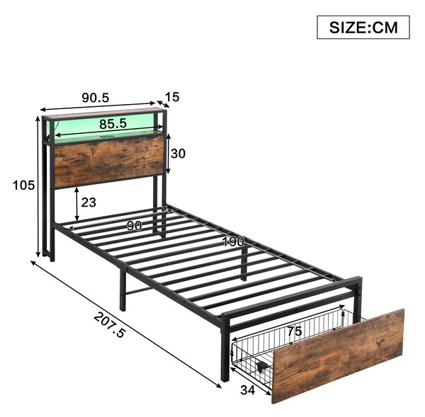 Single Metal Bed with LED Light Strip, Drawer, and USB Ports, Home and Furniture Bedroom Furniture, 207.5x90.5x105 cm, Black + Dark Walnut Aosom.UK