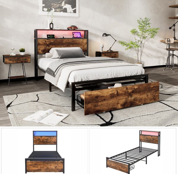 Single Metal Bed with LED Light Strip, Drawer, and USB Ports, Home and Furniture Bedroom Furniture, 207.5x90.5x105 cm, Black + Dark Walnut Aosom.UK