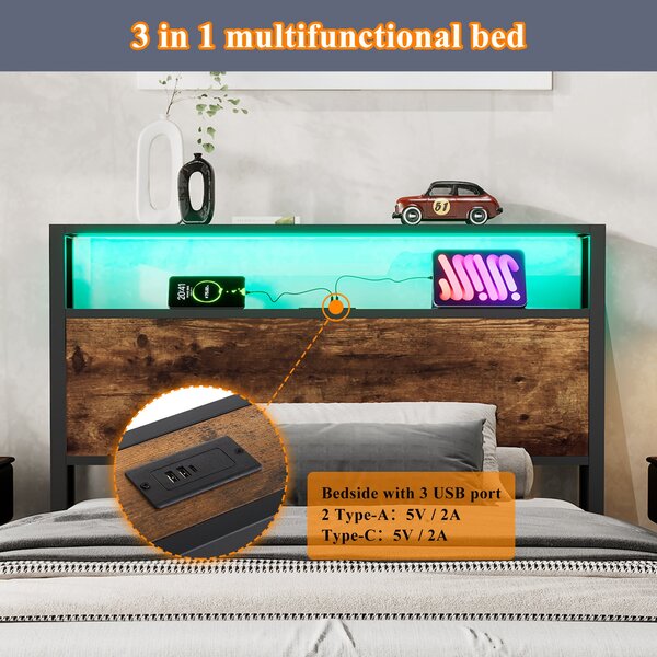 Single Metal Bed with LED Light Strip, Drawer, and USB Ports, Home and Furniture Bedroom Furniture, 207.5x90.5x105 cm, Black + Dark Walnut Aosom.UK
