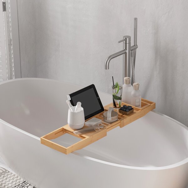 HOMCOM Extendable Bamboo Bathtub Shelf Rack Bath Caddy Tray Bathroom Storage 75-109Lx23.5Wx4T cm
