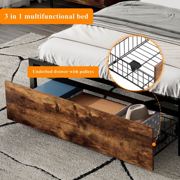 Single Metal Bed with LED Light Strip, Drawer, and USB Ports, Home and Furniture Bedroom Furniture, 207.5x90.5x105 cm, Black + Dark Walnut Aosom.UK