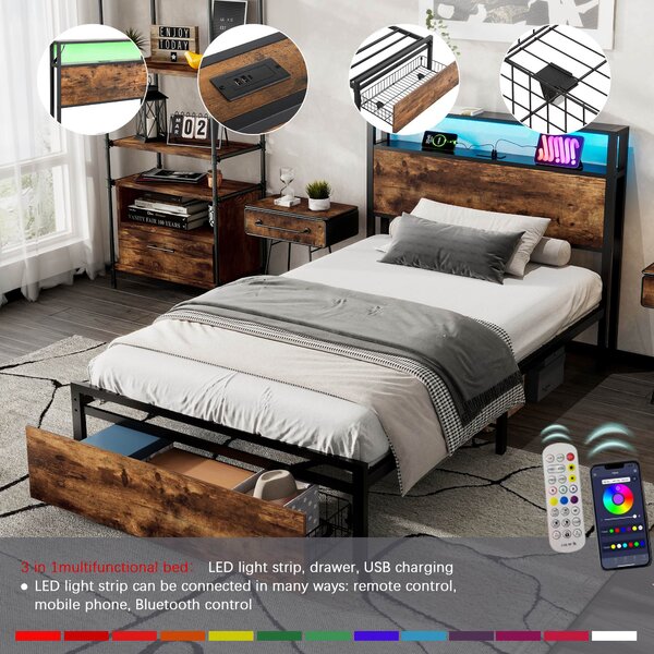 Single Metal Bed with LED Light Strip, Drawer, and USB Ports, Home and Furniture Bedroom Furniture, 207.5x90.5x105 cm, Black + Dark Walnut Aosom.UK
