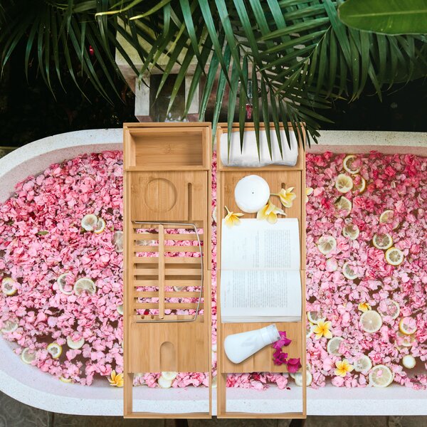 HOMCOM Extendable Bamboo Bathtub Shelf Rack Bath Caddy Tray Bathroom Storage, Set of 2 Aosom UK