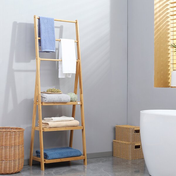 Kleankin Bamboo Towel Stand Freestanding with 3 Rails & 3 Shelves, Foldable Towel Holder for Bathroom, Space-Efficient Aosom UK