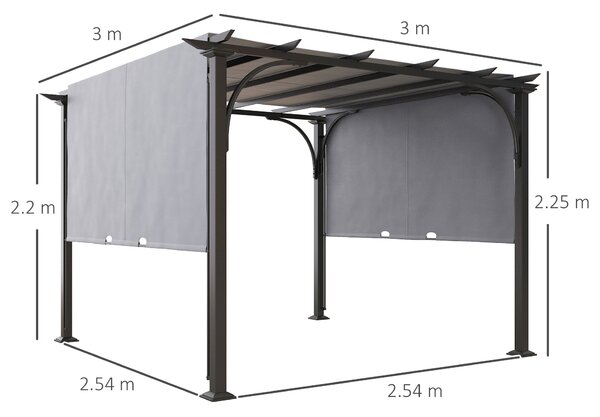 Outsunny 3x3m Retractable Garden Pergola Gazebo, Adjustable Sun Shade Canopy Shelter for Outdoor Living Patio & Decking, Grey Aosom UK