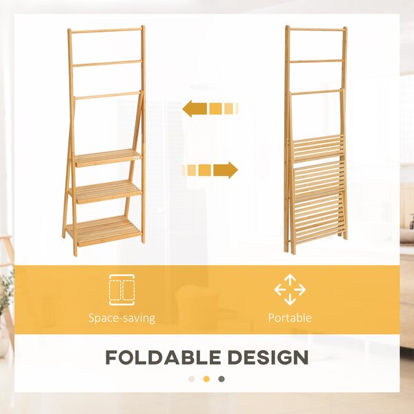 Kleankin Bamboo Towel Stand Freestanding with 3 Rails & 3 Shelves, Foldable Towel Holder for Bathroom, Space-Efficient Aosom UK