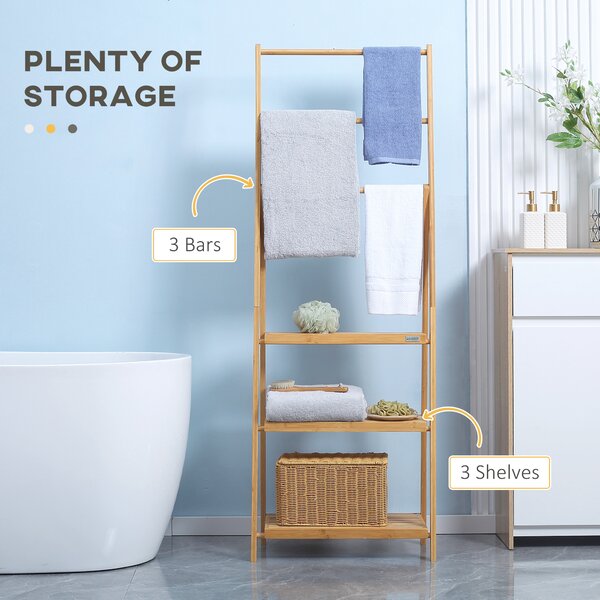 Kleankin Bamboo Towel Stand Freestanding with 3 Rails & 3 Shelves, Foldable Towel Holder for Bathroom, Space-Efficient Aosom UK