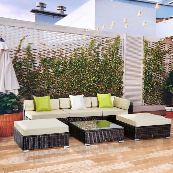 Outsunny 5-Seater Rattan Sofa Coffee Table Set Sectional Wicker Weave Furniture for Garden Outdoor Conservatory w/ Pillow Cushion Brown Aosom UK