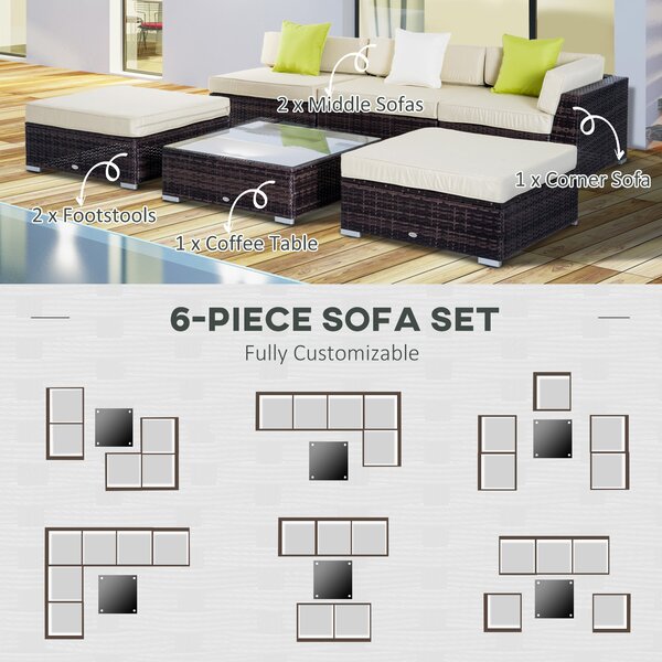 Outsunny 5-Seater Rattan Sofa Coffee Table Set Sectional Wicker Weave Furniture for Garden Outdoor Conservatory w/ Pillow Cushion Brown Aosom UK