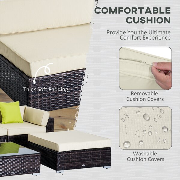 Outsunny 5-Seater Rattan Sofa Coffee Table Set Sectional Wicker Weave Furniture for Garden Outdoor Conservatory w/ Pillow Cushion Brown Aosom UK