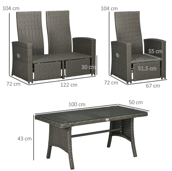 Outsunny 4 Piece Rattan Garden Furniture Sets, 4 Seater Outdoor Sofa Sectional w/Wicker Sofa, Reclining Armchair and Glass Table for Yard, Grey